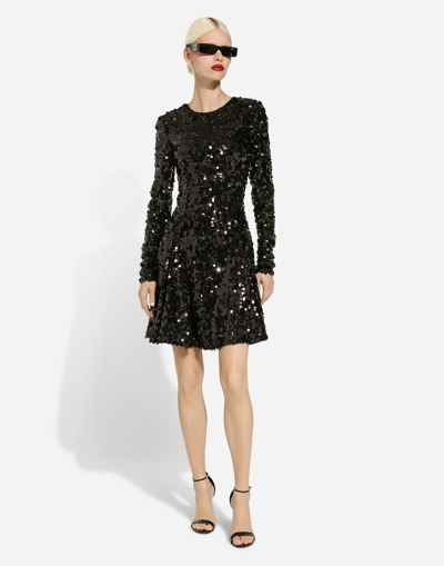 Dolce & Gabbana Short Long-sleeved Sequined Dress In Black