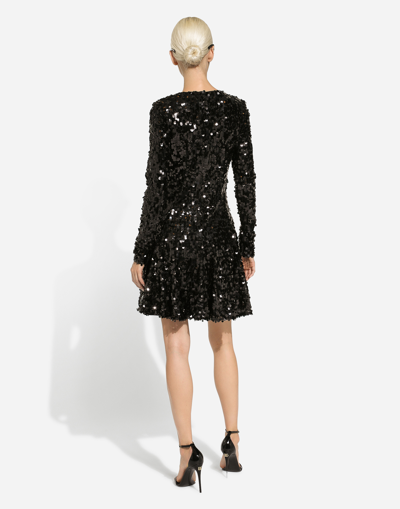 Dolce & Gabbana Short Long-sleeved Sequined Dress In Black