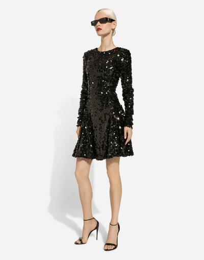 Dolce & Gabbana Short Long-sleeved Sequined Dress In Black