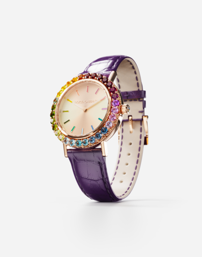 Shop Dolce & Gabbana Iris Watch In Rose Gold With Multi-colored Fine Gems In Purple