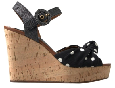 Shop Dolce & Gabbana Black  Wedges Polka Dotted Ankle Strap Shoes Sandals