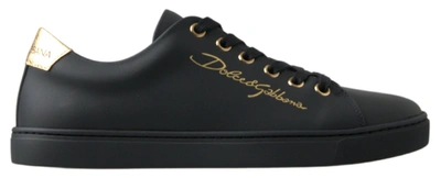 Shop Dolce & Gabbana Black Gold Leather Classic Sneakers Shoes
