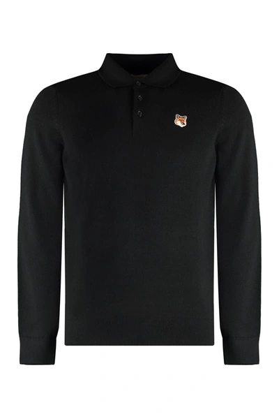 Shop Maison Kitsuné Long Sleeve Wool Polo Shirt In Black