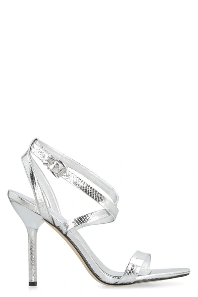 Shop Michael Michael Kors Asha Heeled Leather Sandals In Silver