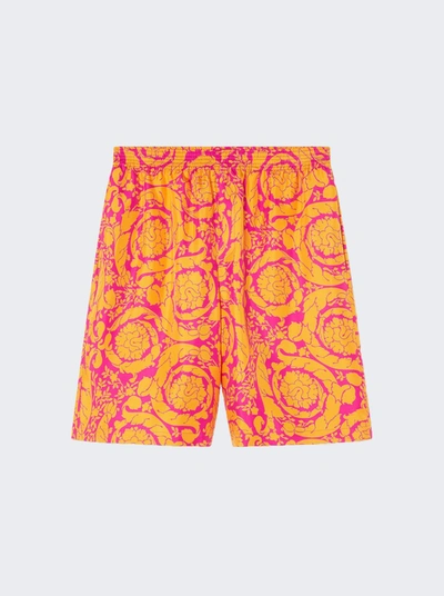 Shop Versace Barocco Silhouette Silk Shorts In Pink