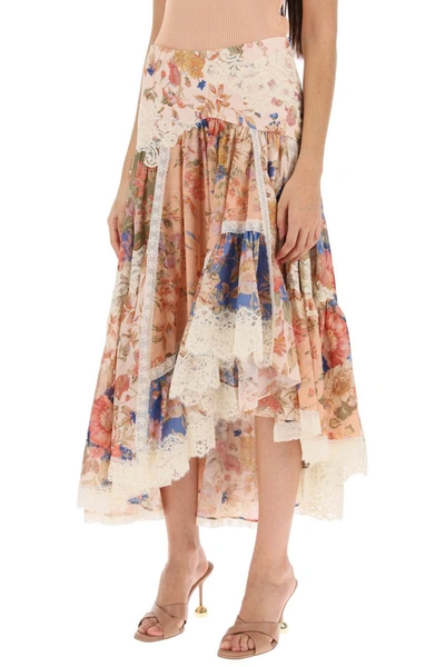 Shop Zimmermann August Asymmetric Skirt With Lace Trims In Multicolor