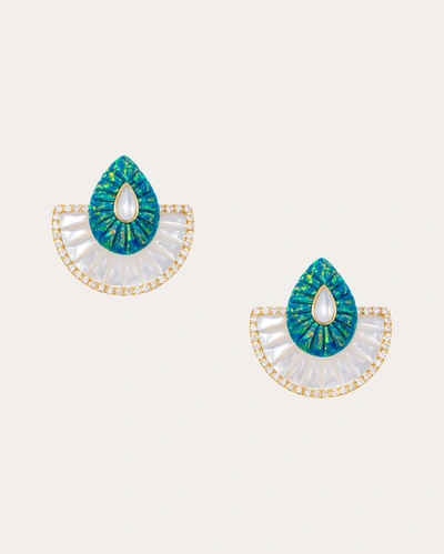 Shop L'atelier Nawbar Women's Small Bond Street Fan Stud Earrings In White/green