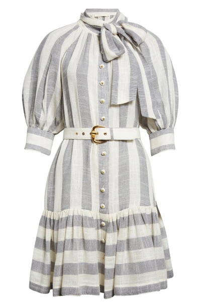 Shop Zimmermann Matchmaker Swing Stripe Button-up Minidress In Blue/ Cream Stripe