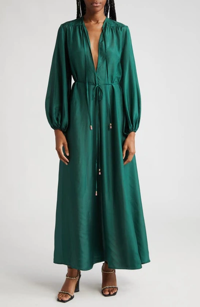 Shop Zimmermann Junie Billow Silk Maxi Dress In Bottle Green