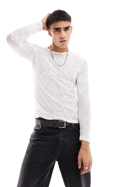 Shop Asos Design Muscle Fit Long Sleeve Lace T-shirt In White