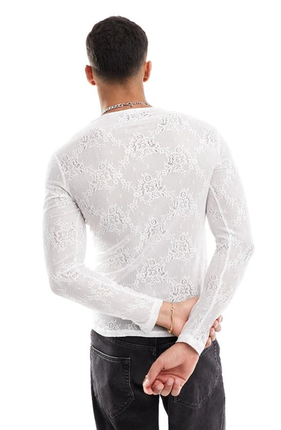 Shop Asos Design Muscle Fit Long Sleeve Lace T-shirt In White