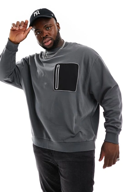 Shop Asos Design Oversize Zip Pocket Sweatshirt In Charcoal