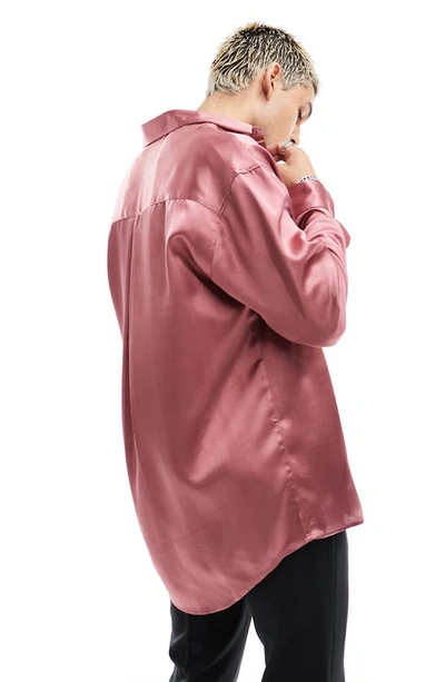 Shop Asos Design Oversize Heavy Satin Button-up Shirt In Pink
