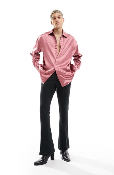 Shop Asos Design Oversize Heavy Satin Button-up Shirt In Pink