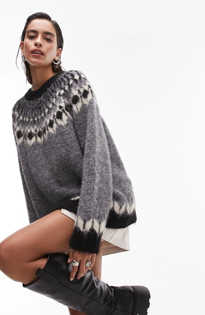 Shop Topshop Fuzzy Fair Isle Sweater In Grey
