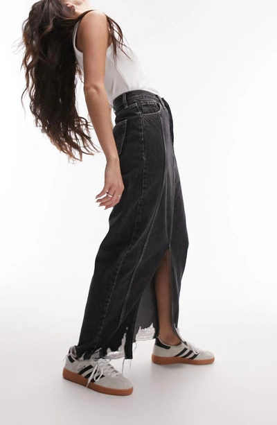 Shop Topshop Destroyed Hem Denim Maxi Skirt In Black
