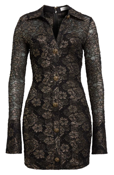 Shop Ramy Brook Mae Metallic Long Sleeve Stretch Lace Mini Shirtdress In Black/gold Floral Lurex Lace