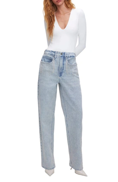 Shop Good American Good '90s Crystal Fringe High Waist Straight Leg Jeans In Indigo588