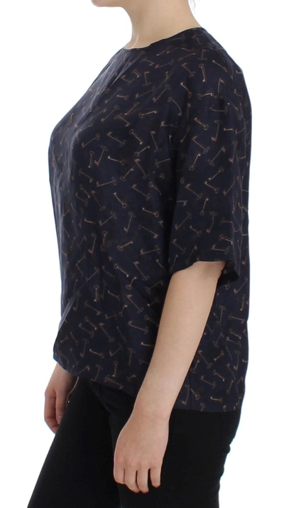 Dolce & Gabbana Blue Gold Key Print Silk Blouse In Blue