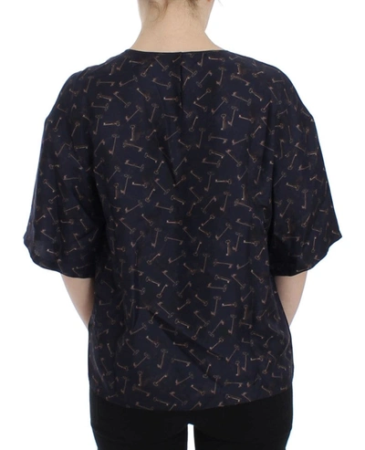 Dolce & Gabbana Blue Gold Key Print Silk Blouse In Blue