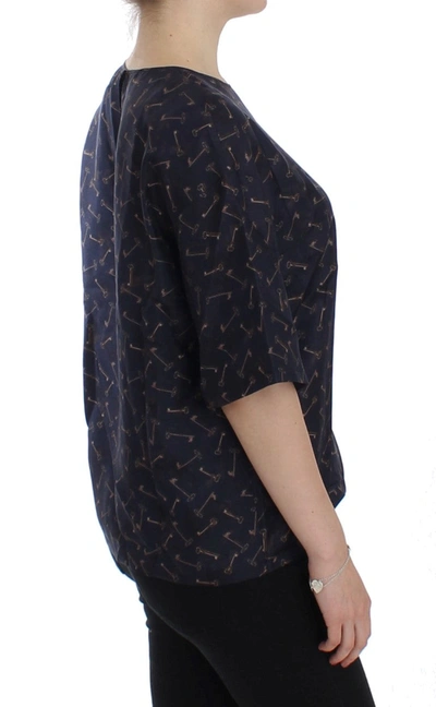 Dolce & Gabbana Blue Gold Key Print Silk Blouse In Blue