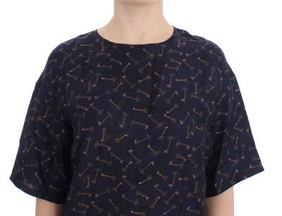 Dolce & Gabbana Blue Gold Key Print Silk Blouse In Blue