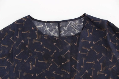 Dolce & Gabbana Blue Gold Key Print Silk Blouse In Blue