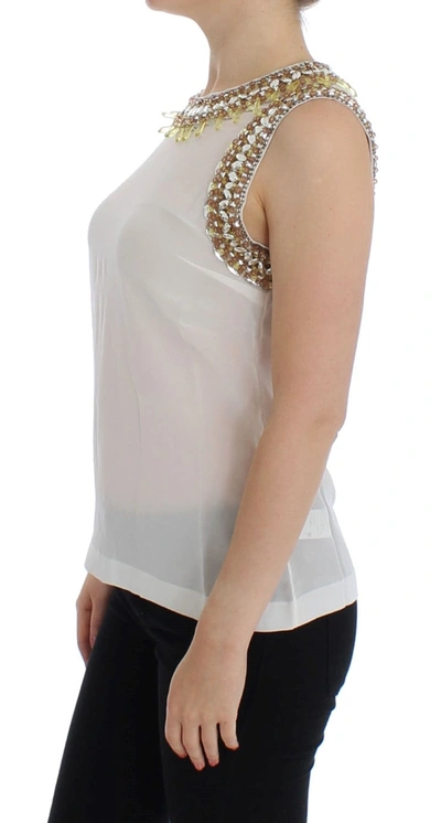 Shop Dolce & Gabbana Elegant Sleeveless Silk Blouse With Crystal Women's Embellishment In White