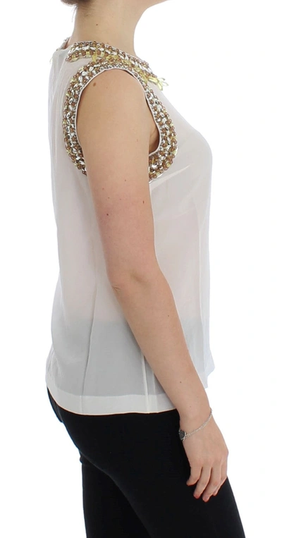 Shop Dolce & Gabbana Elegant Sleeveless Silk Blouse With Crystal Women's Embellishment In White