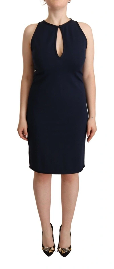 Shop John Galliano Sleeveless Navy Knee-length Sheath Women's Dress In Navy Blue