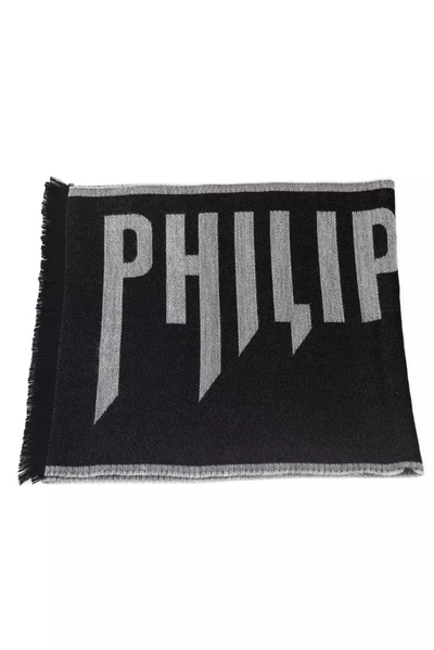 Shop Philipp Plein Elegant Gray Fringed Wool Blend Men's Scarf