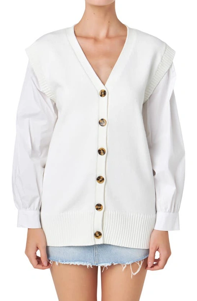English Factory Mixed Media Cardigan In Off White