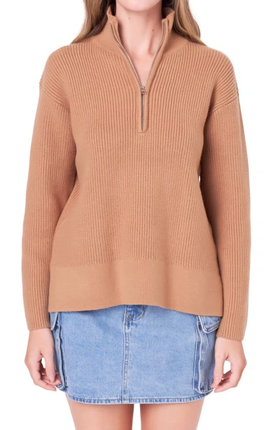 Shop English Factory Half Zip Rib Sweater In Camel