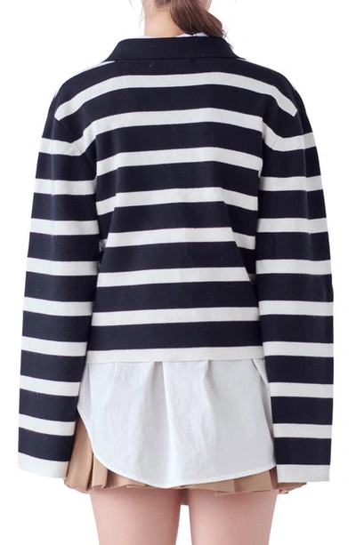 Shop English Factory Stripe Crop Polo Sweater In Black/ White