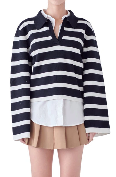 Shop English Factory Stripe Crop Polo Sweater In Black/ White