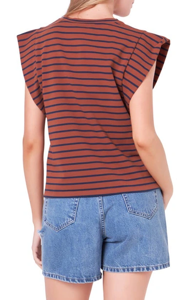 Shop English Factory Stripe Extended Shoulder T-shirt In Brown/ Navy