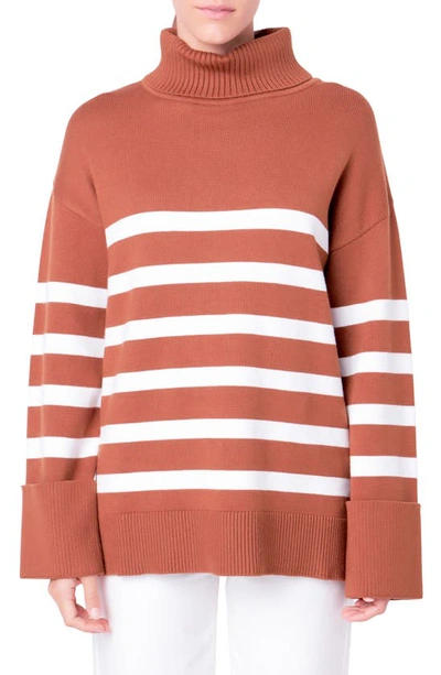 English Factory Stripe Turtleneck Sweater In Camel/ White