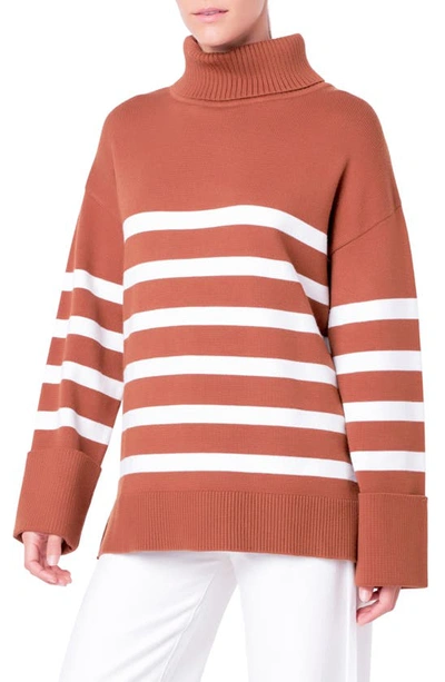 English Factory Stripe Turtleneck Sweater In Camel/ White