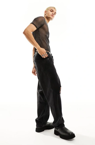 Shop Asos Design Muscle Fit Glitter Mesh T-shirt In Black