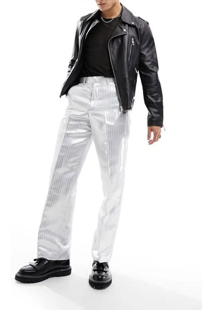 Shop Asos Design Metallic Stripe Smart Wide Leg Pants In Silver