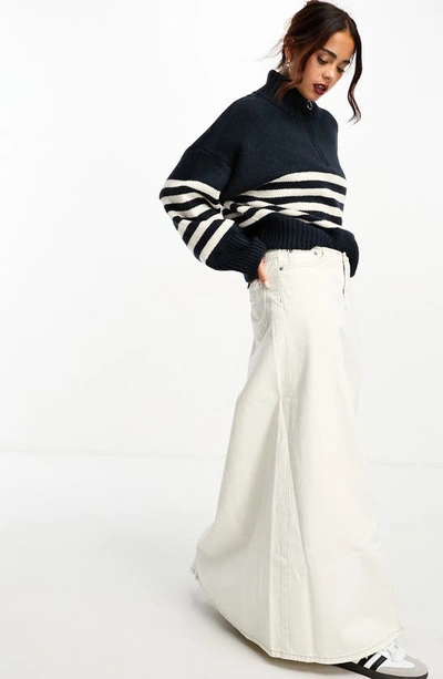Shop Asos Design Stripe Quarter Zip Sweater In Navy Multi