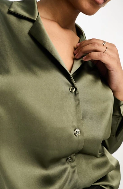 Shop Asos Design Long Sleeve Satin Shirt In Khaki