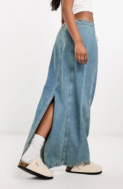 Shop Asos Design Parachute Denim Midi Skirt In Mid Blue