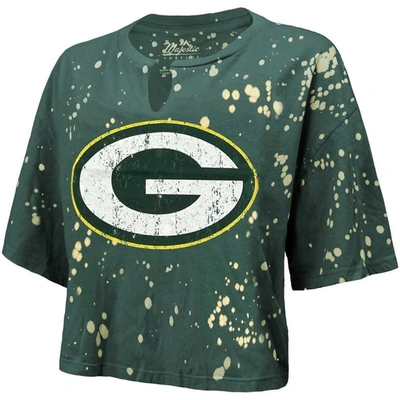 Shop Majestic Threads Green Green Bay Packers Bleach Splatter Notch Neck Crop T-shirt