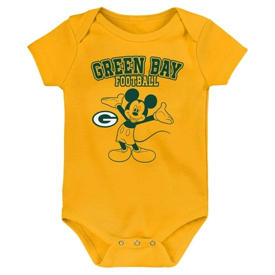 Shop Outerstuff Newborn & Infant Green/gold/gray Green Bay Packers Three-piece Disney Game Time Bodysuit Set