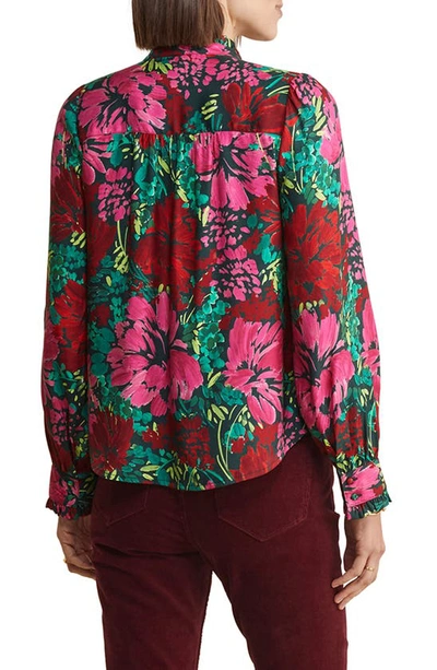 Vineyard Vines Ruffle Collar Silk Blend Popover Top In Brush Floral - Green