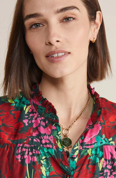 Vineyard Vines Ruffle Collar Silk Blend Popover Top In Brush Floral - Green