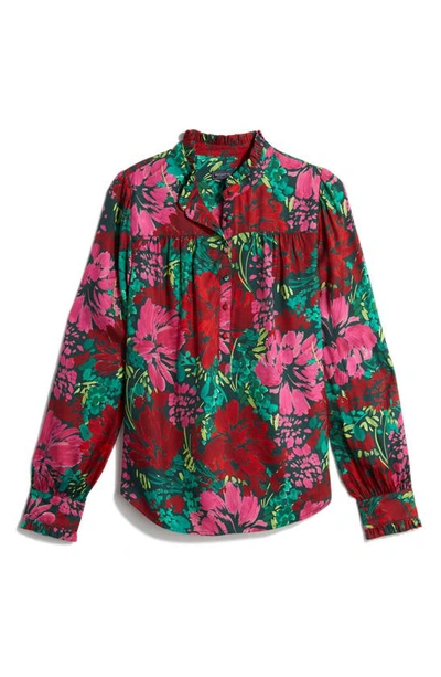 Shop Vineyard Vines Ruffle Collar Silk Blend Popover Top In Brush Floral - Green