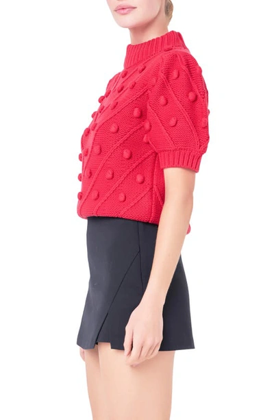 Shop English Factory Pompom Puff Sleeve Sweater In Red