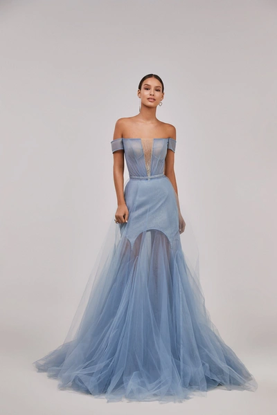 Shop Milla Long Off-the-shoulder Prom Dress With Inner Skirt In Lightblue #95b8d9